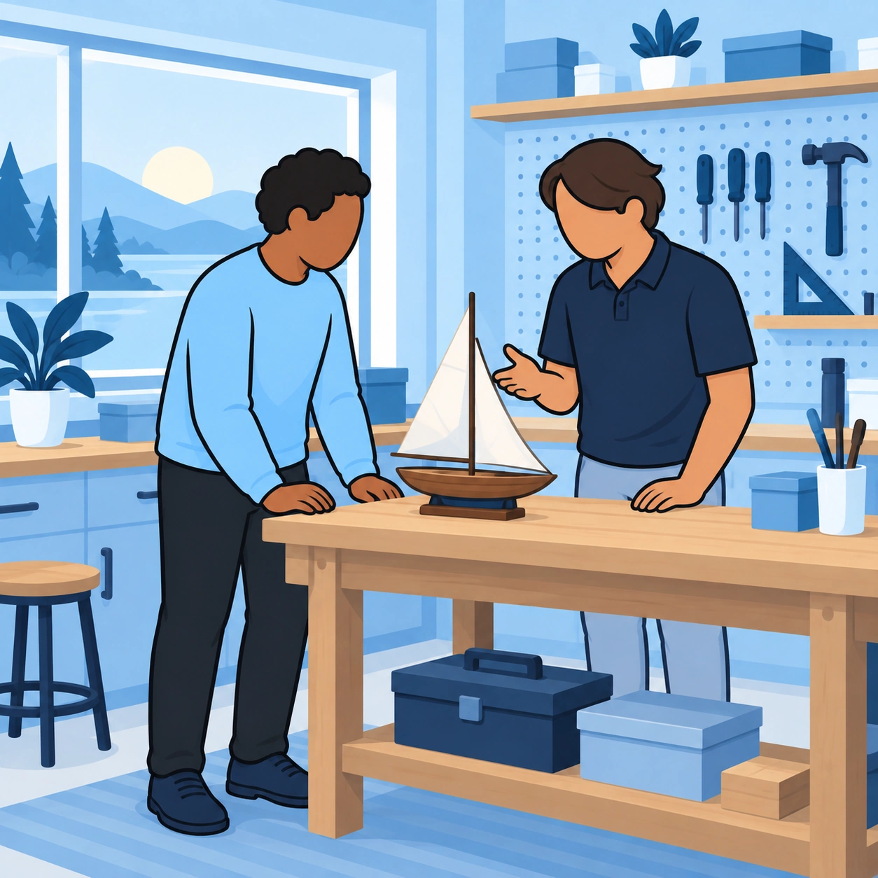 An artist listens as his friend explains a model sailboat in his workshop.