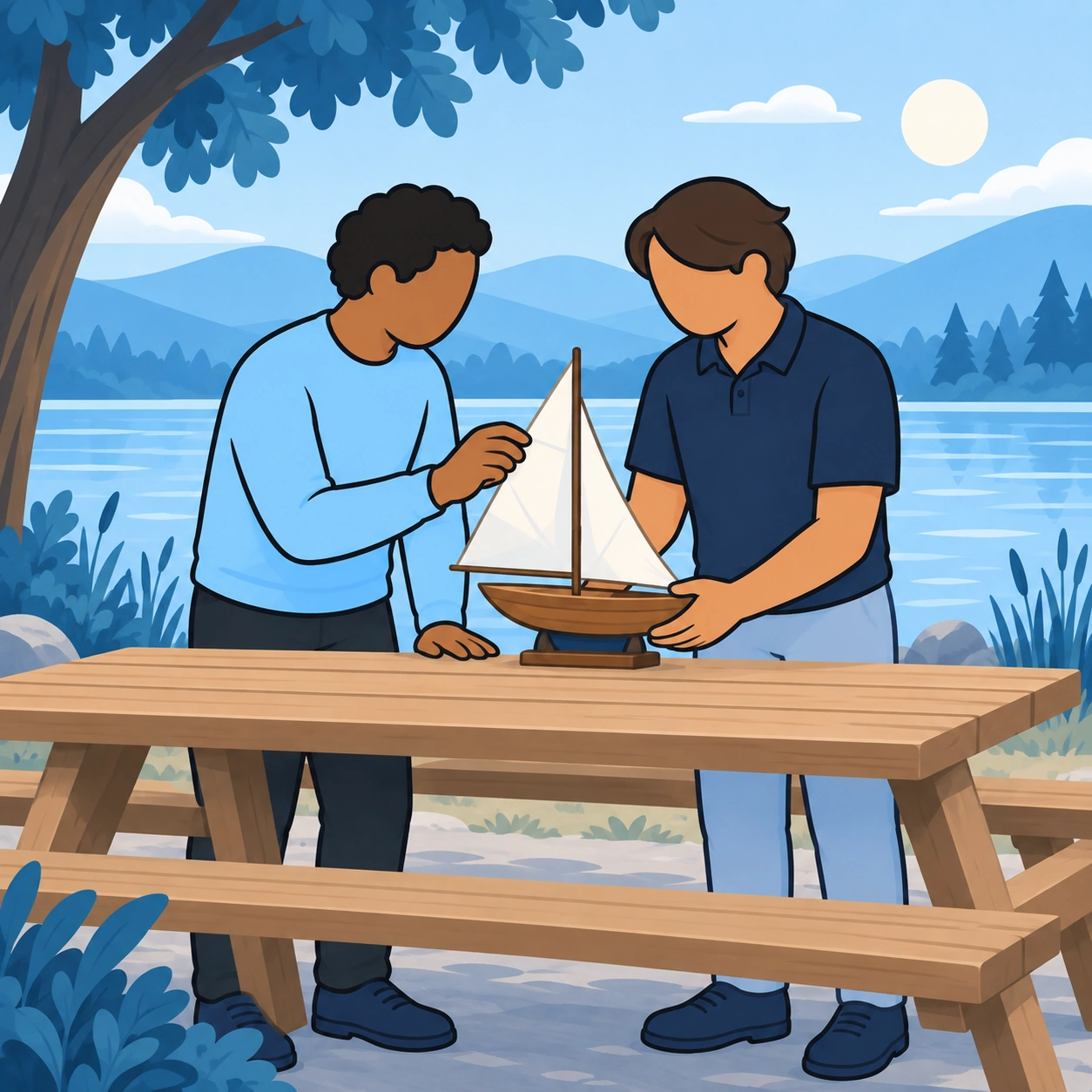 The friends adjust a model sailboat together at a lakeside table.