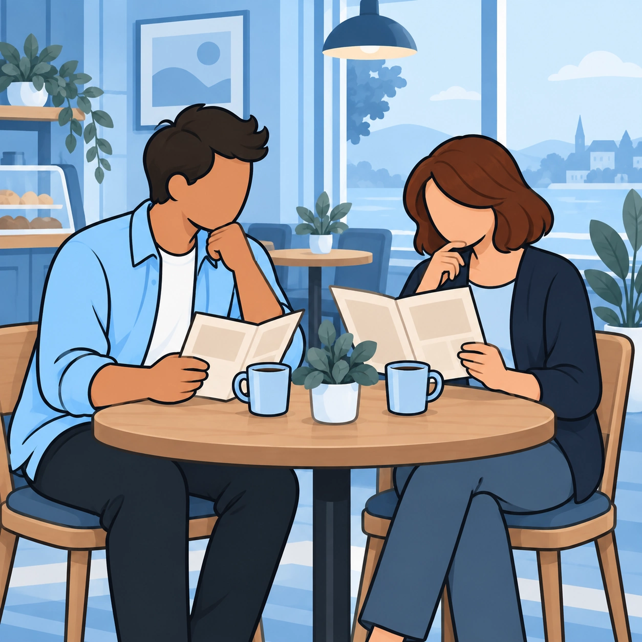 Two friends consider their plans over menus in a cafe.