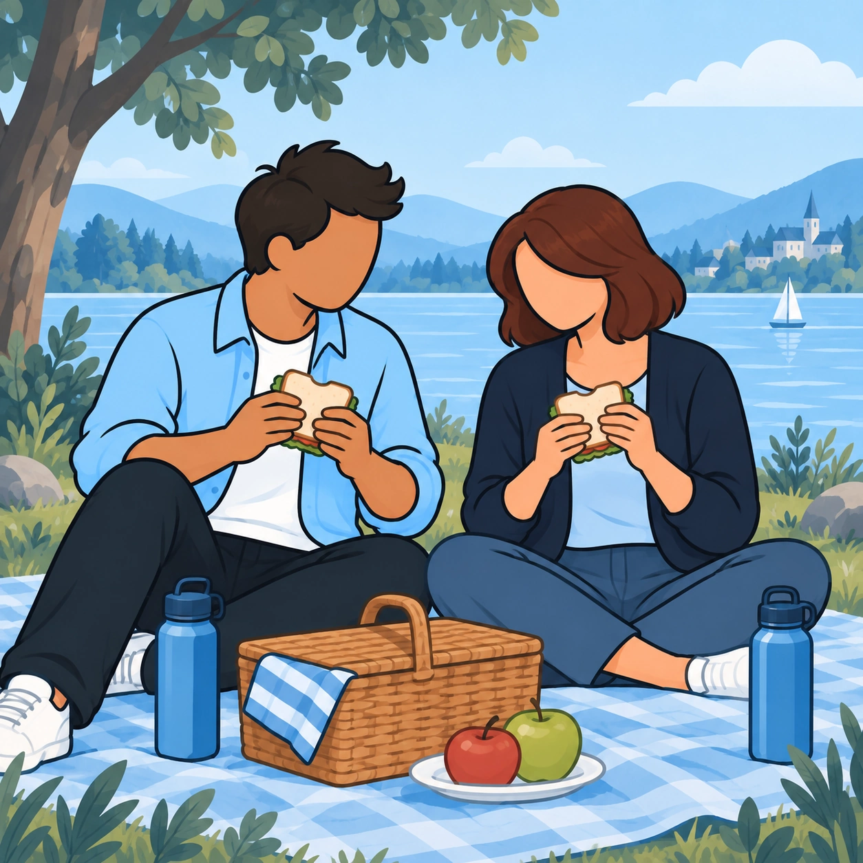 They enjoy a simple picnic together by the lake.
