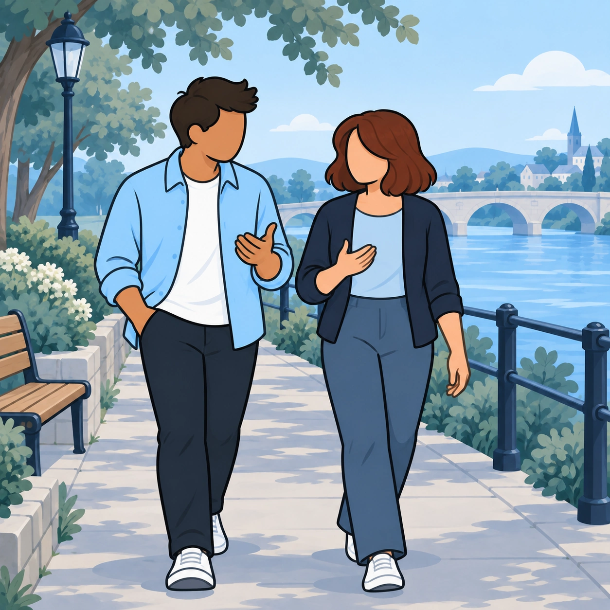The friends continue their conversation on a riverside walk.