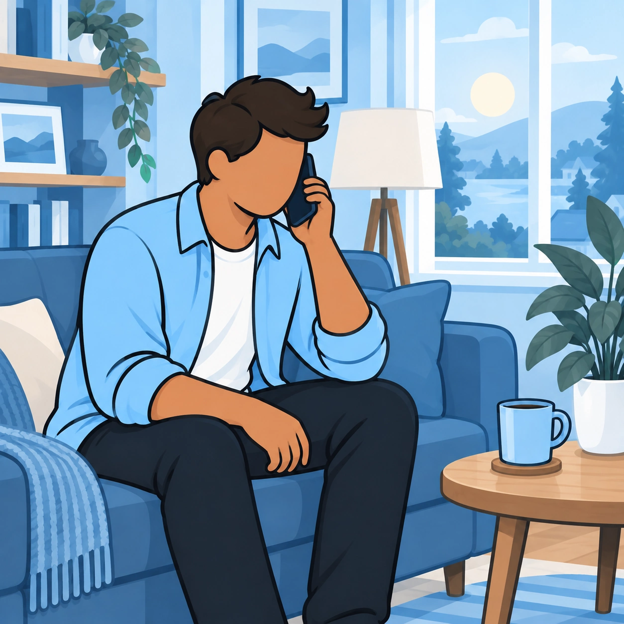 The man follows up with a relaxed phone call from home.