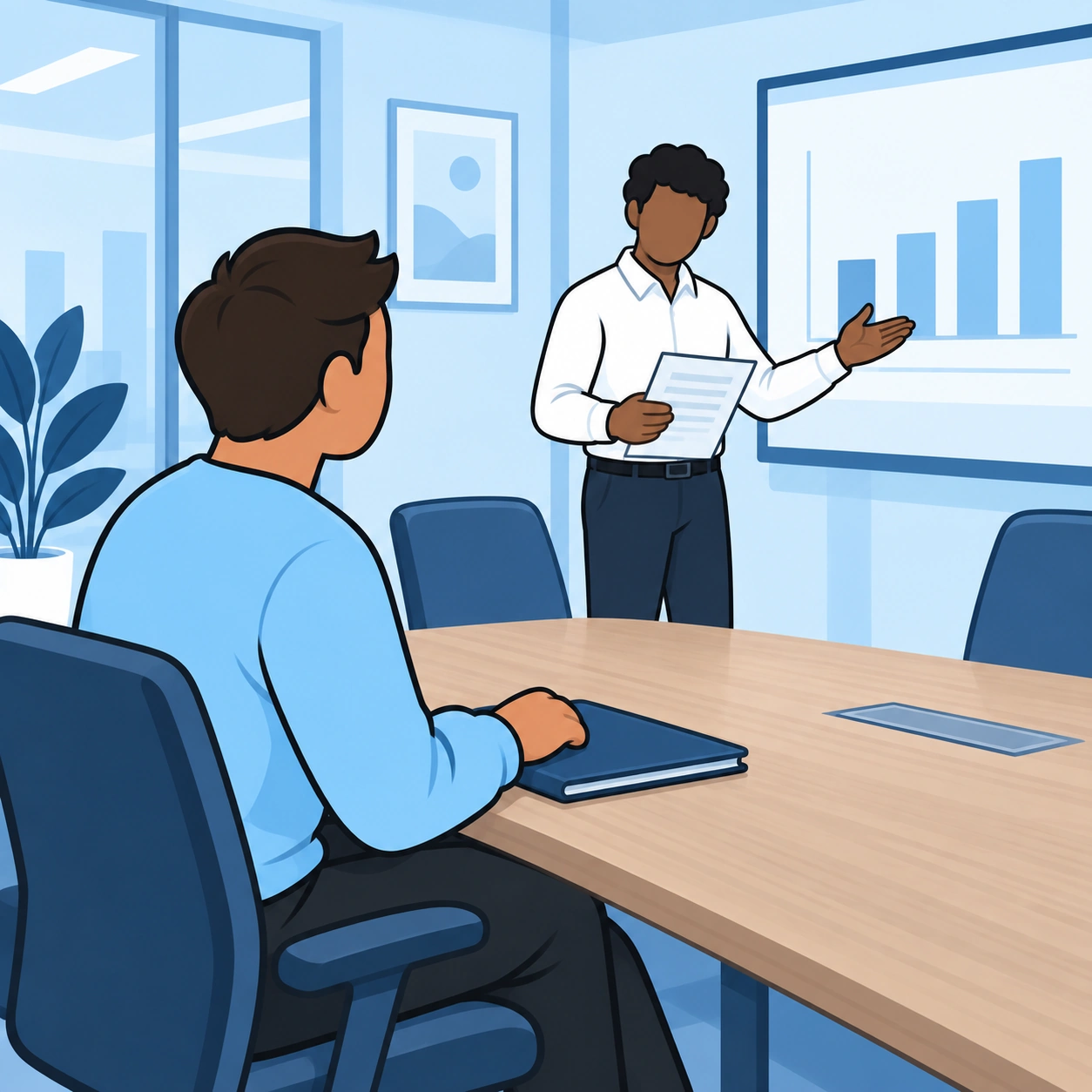 A man watches a coworker present a chart during a meeting.