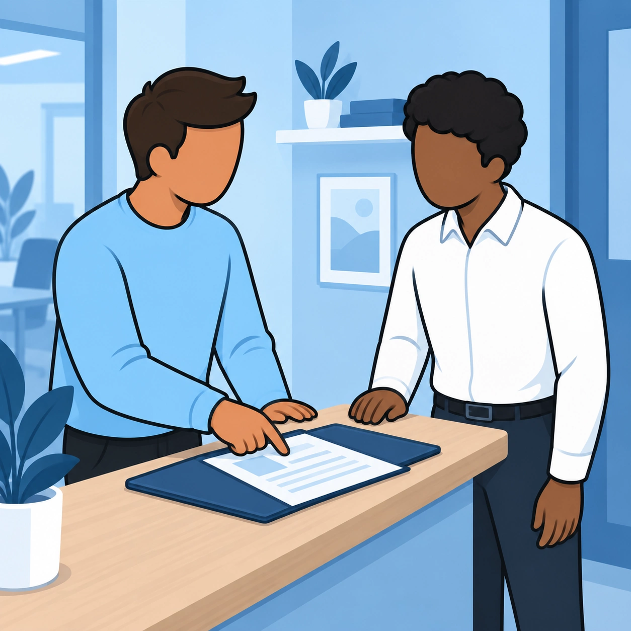 He points to a document in a calm conversation with a colleague.