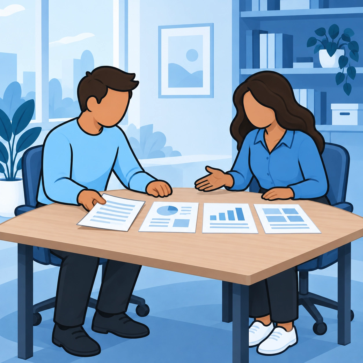 He discusses evidence with a manager over a table of documents.