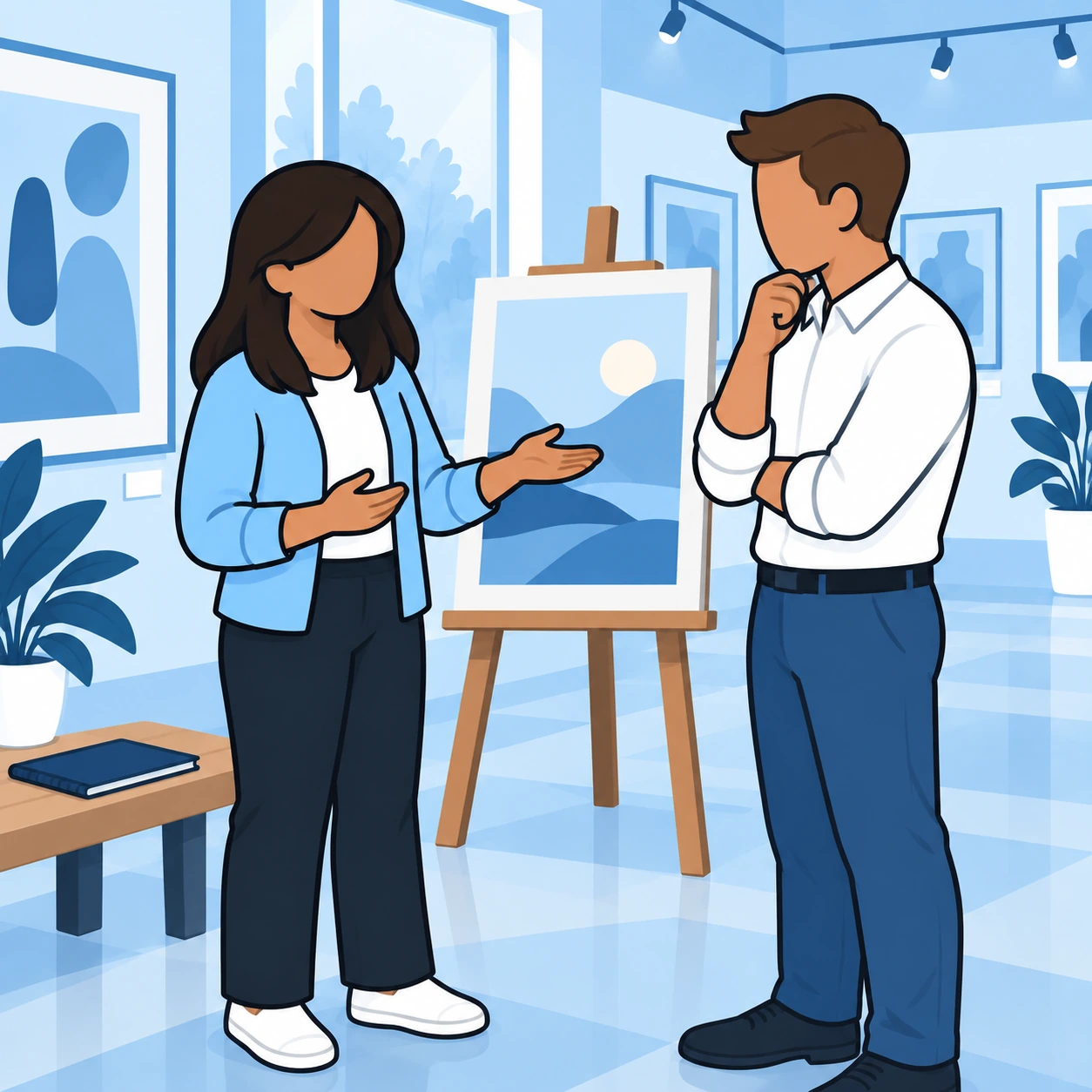 The artist calmly asks the visitor to clarify his comment about her painting.