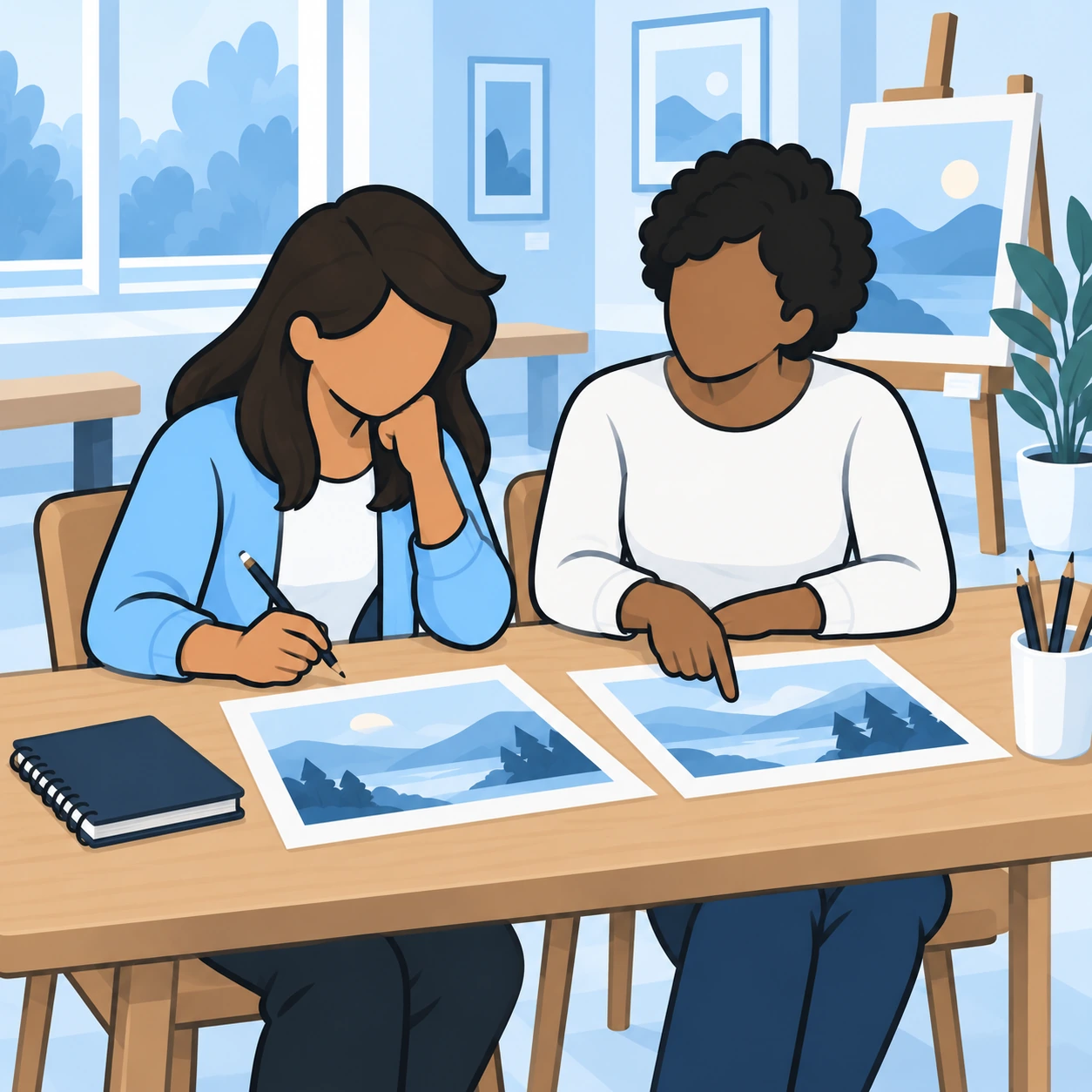 A trusted friend helps the artist consider specific feedback while they review her drawings.