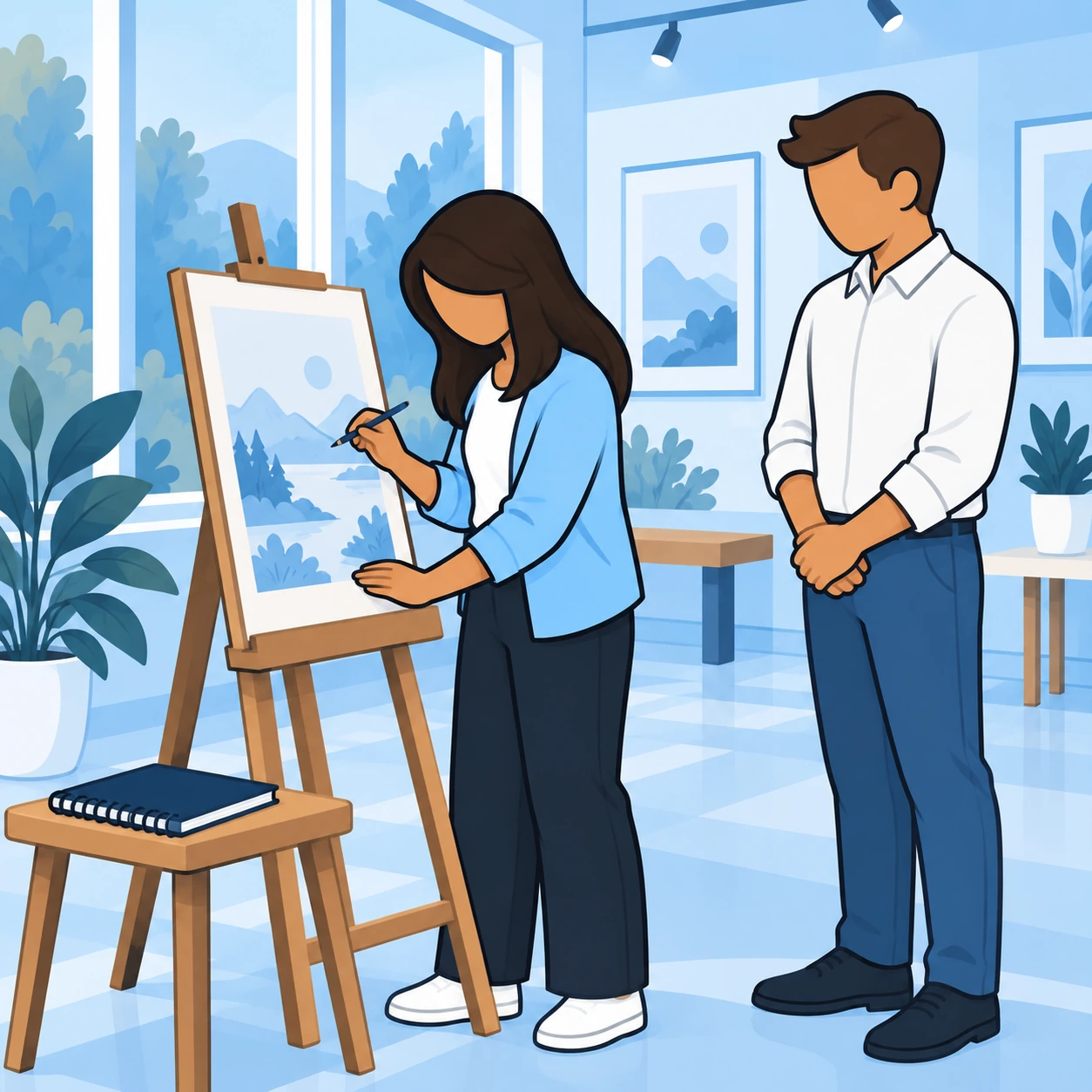 The artist returns to drawing with a relaxed posture while the visitor gives her space.