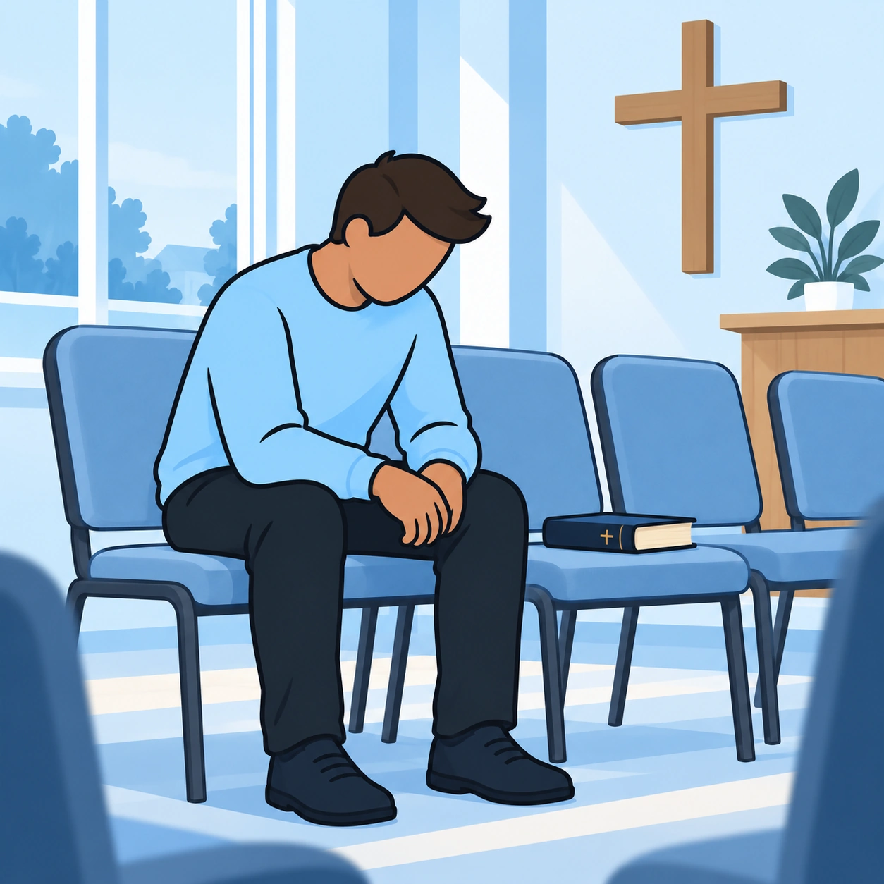 A discouraged man sits among empty church chairs with a closed Bible beside him.