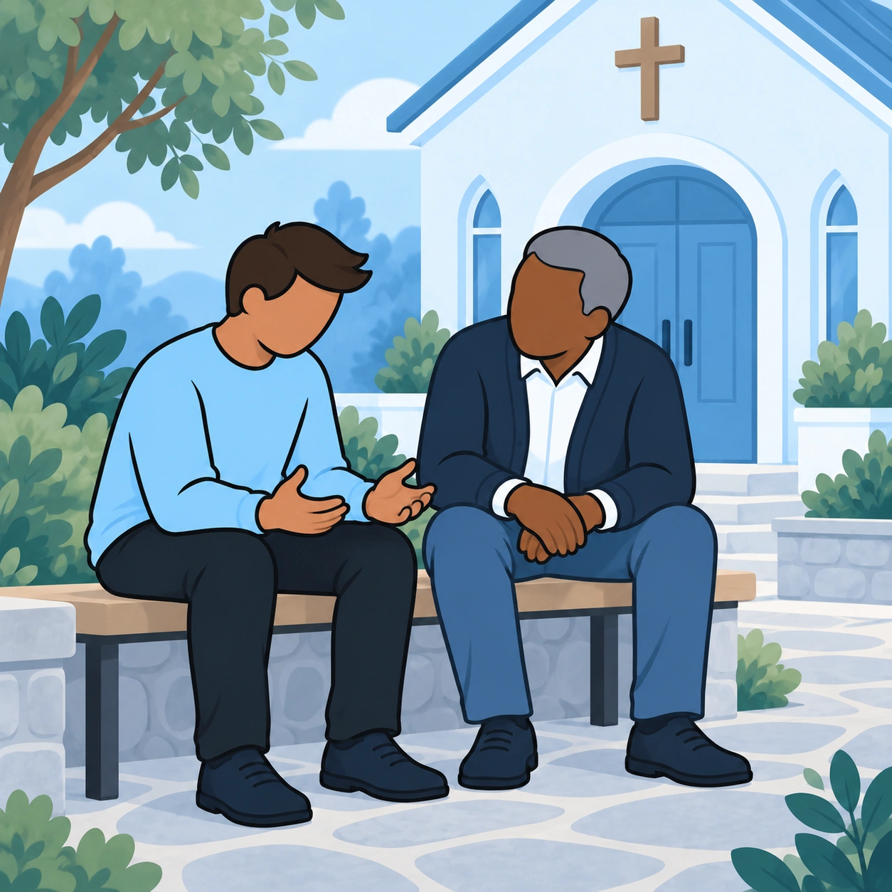 The man speaks openly with an older mentor on a bench outside the church.