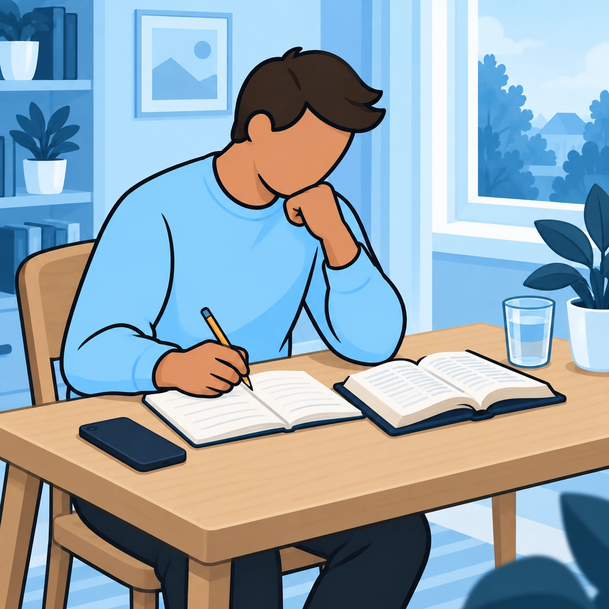 The man writes down a specific concern beside an open Bible at his desk.