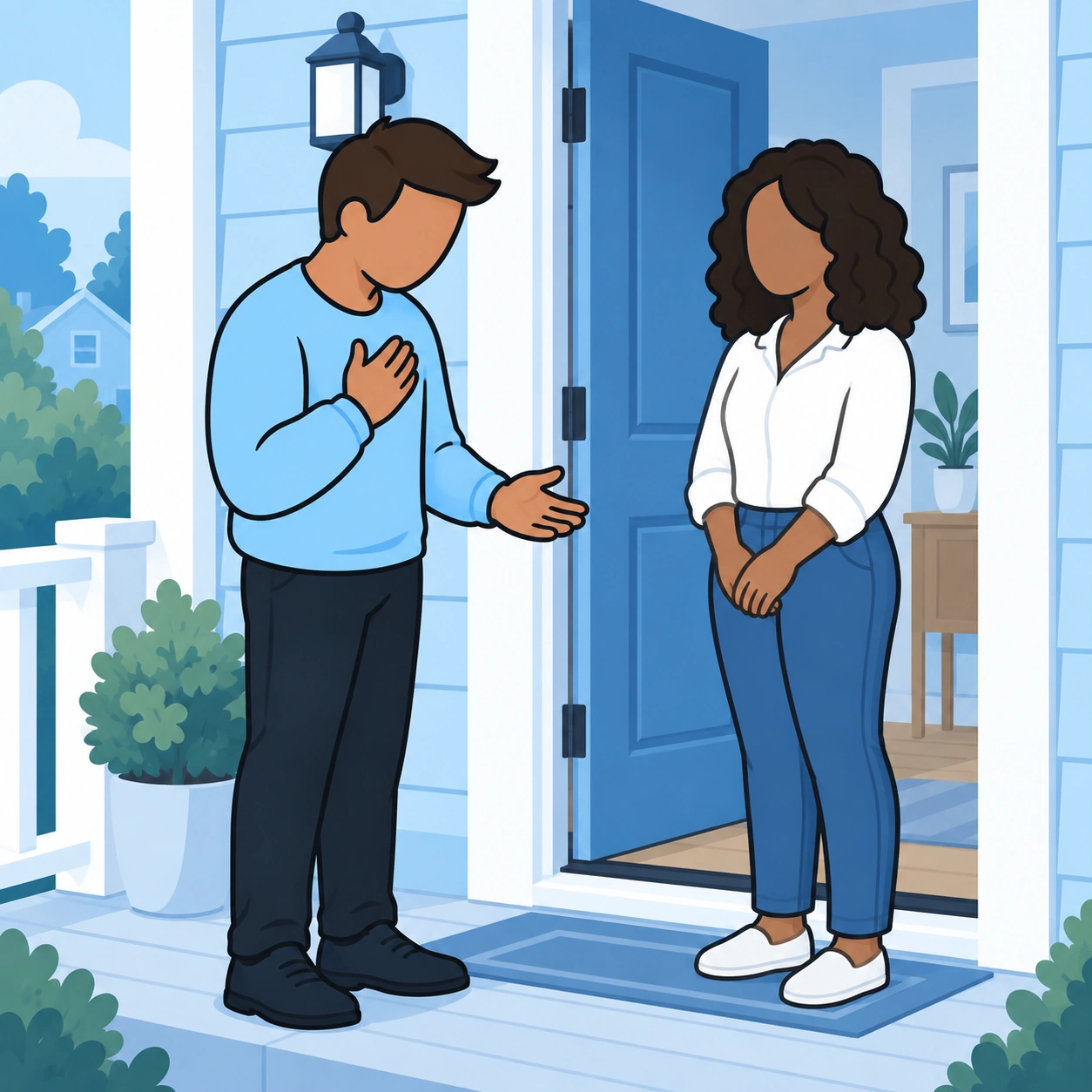 The man makes an honest apology to a friend at her open doorway.