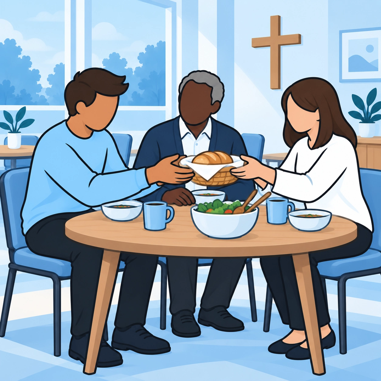 The man reconnects with his church community over a shared meal.