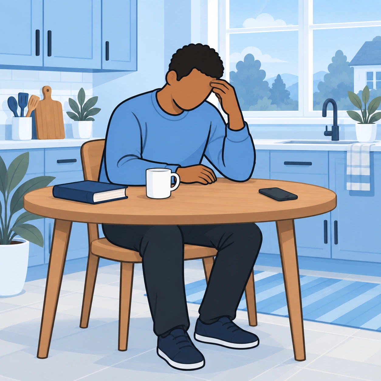 A man sits at his kitchen table with his head lowered beside a face-down phone and closed Bible.