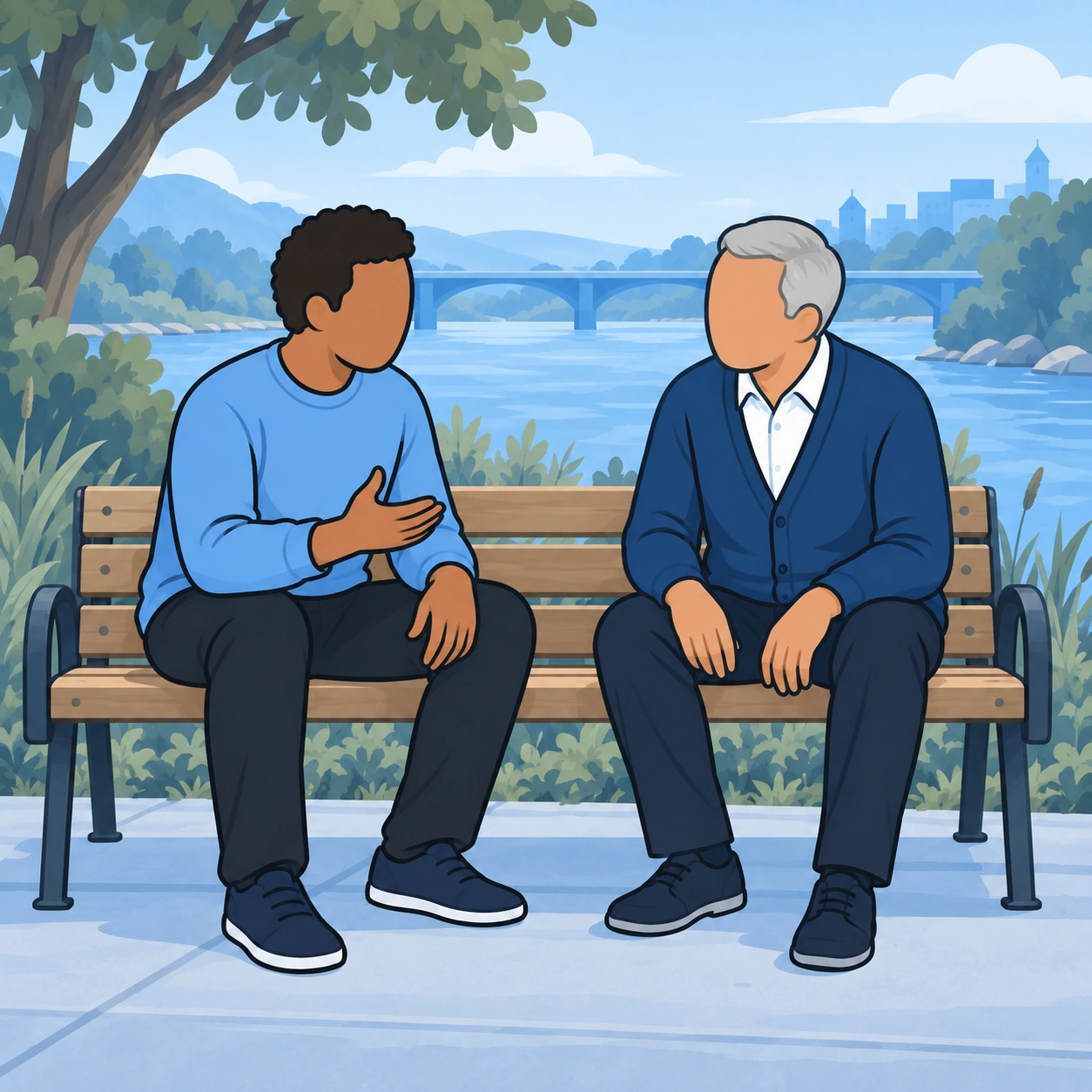 The man speaks with an older silver-haired mentor on a riverside bench.
