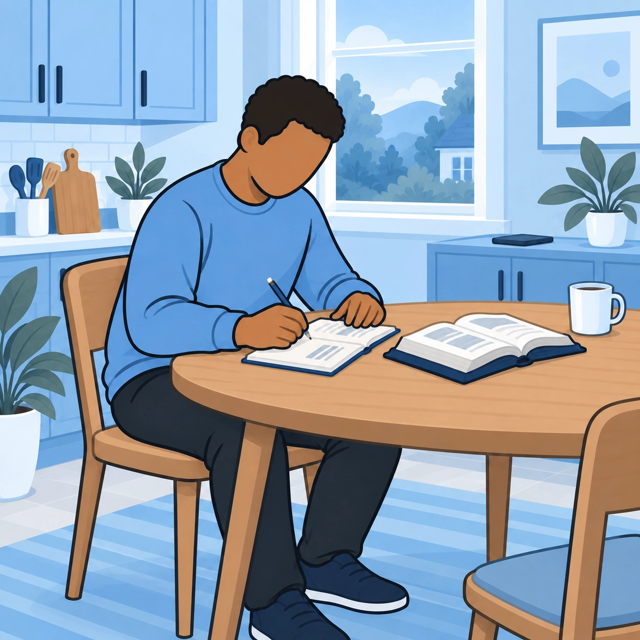 The man writes a practical plan in a notebook beside an open Bible at his kitchen table.