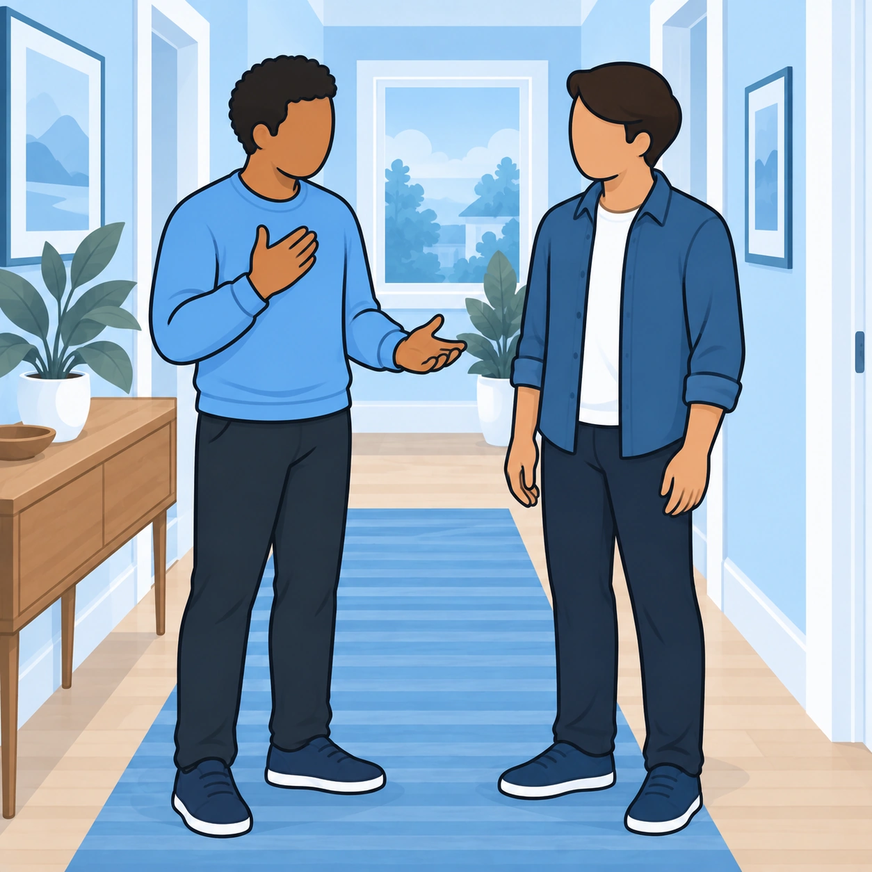 The man speaks honestly with a friend in a hallway, leaving respectful space between them.