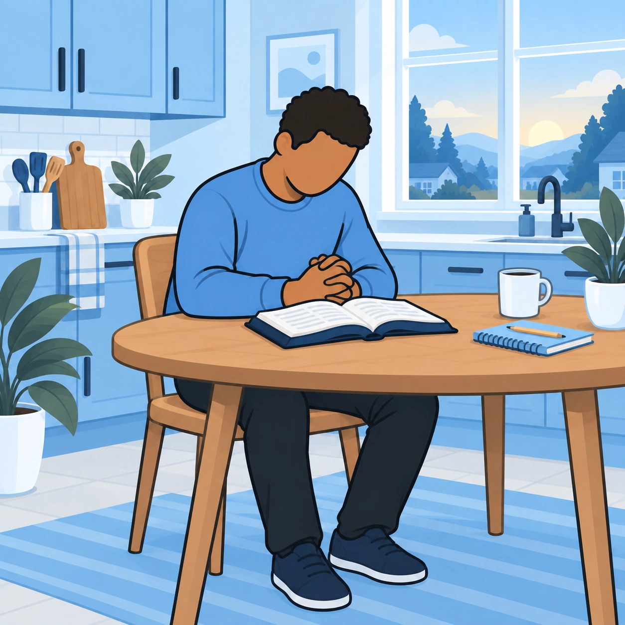 The man prays with clasped hands beside an open Bible and planning notebook at his kitchen table.