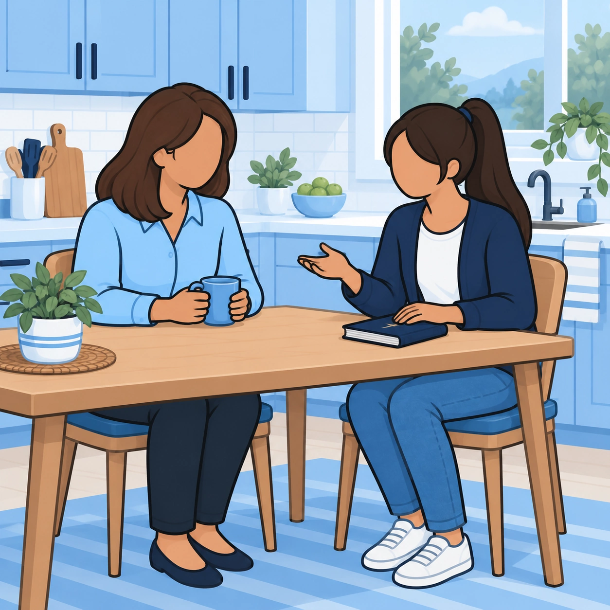A teenage daughter asks her mother a question at the kitchen table with a Bible nearby.
