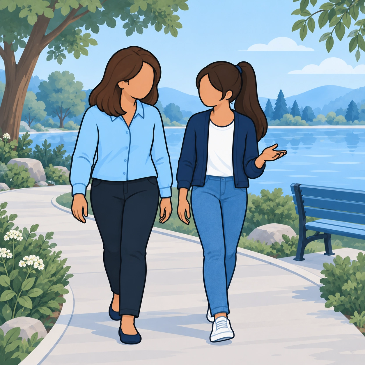 A mother listens to her teenage daughter while they walk beside a lake.