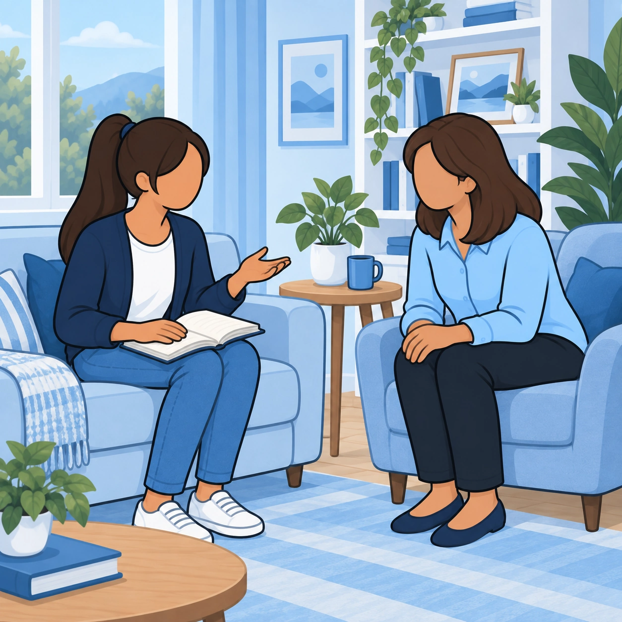 A teenager shares a question from her notebook while her mother listens from another chair.