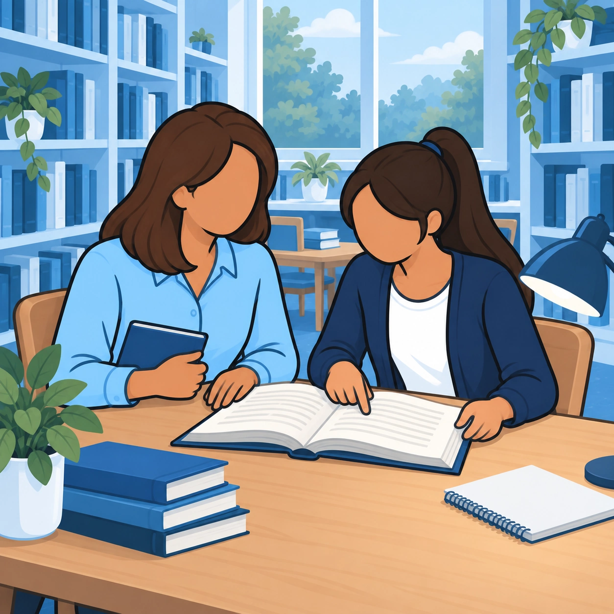 Mother and teenage daughter examine an open book together at a library table.