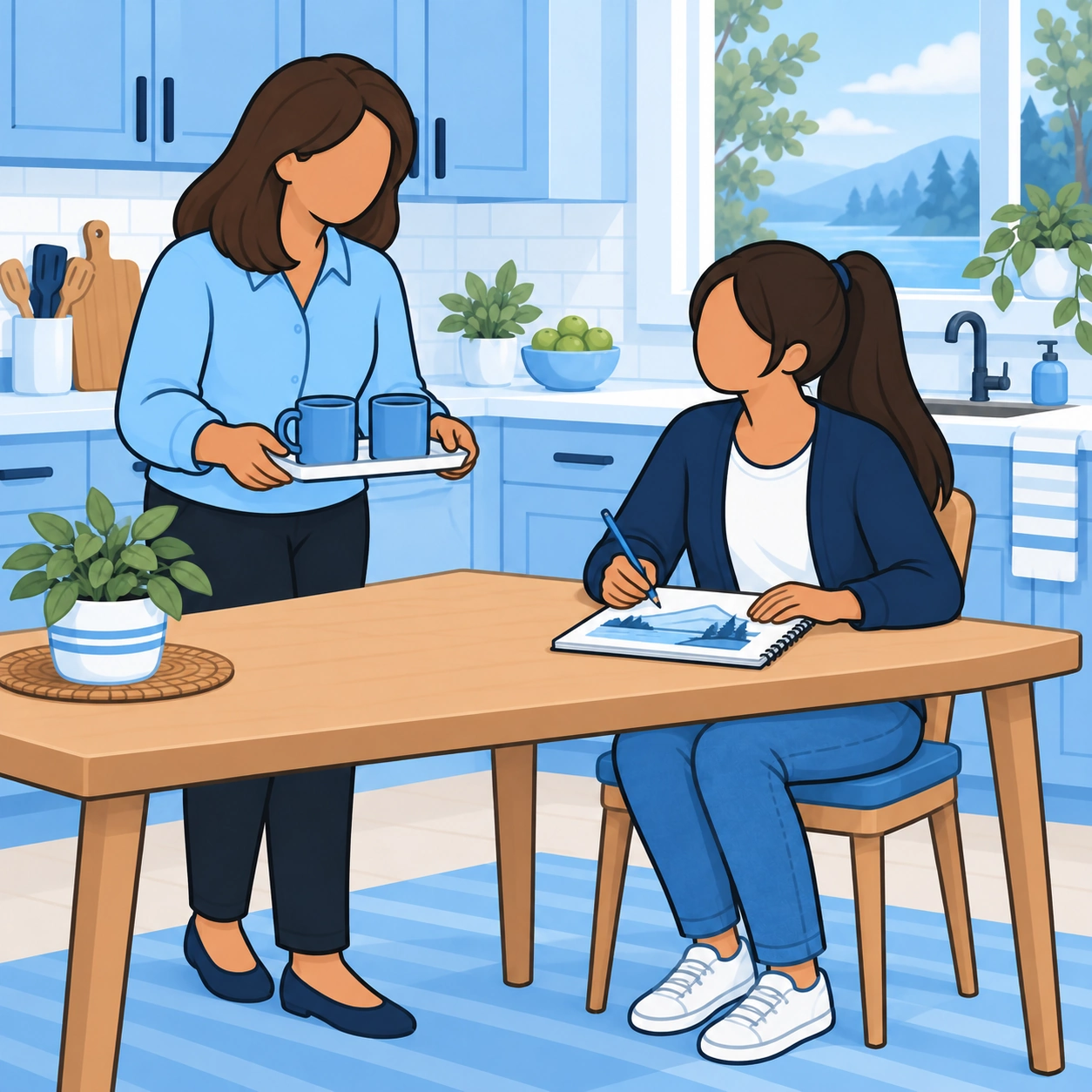 A mother brings two mugs while her teenage daughter sketches at the kitchen table.