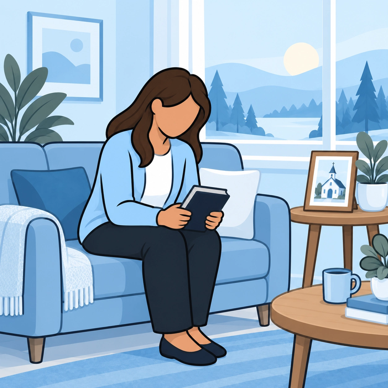 A woman holds a Bible on her sofa beside a picture of a church.