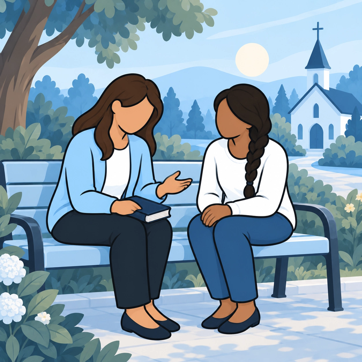 She talks with a braided-haired friend on a bench.