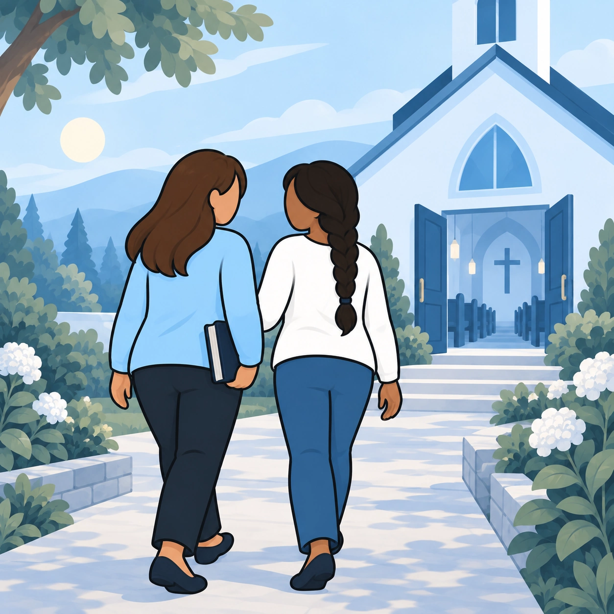 They approach a church entrance together.