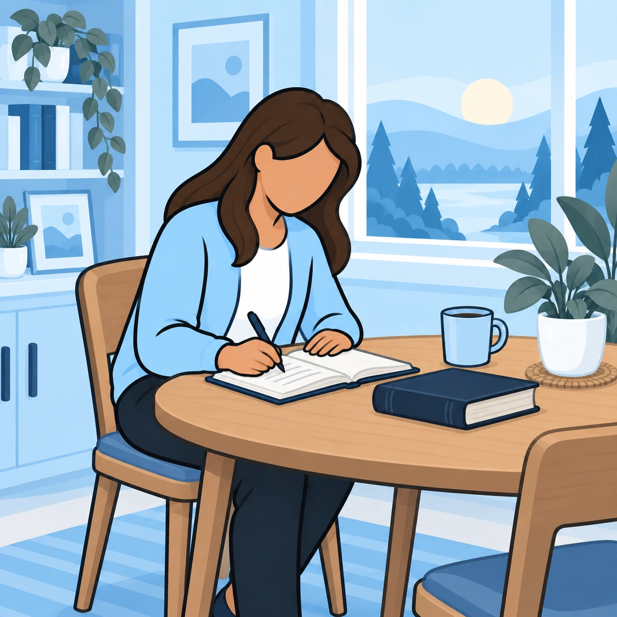 She writes in a notebook at home afterward.