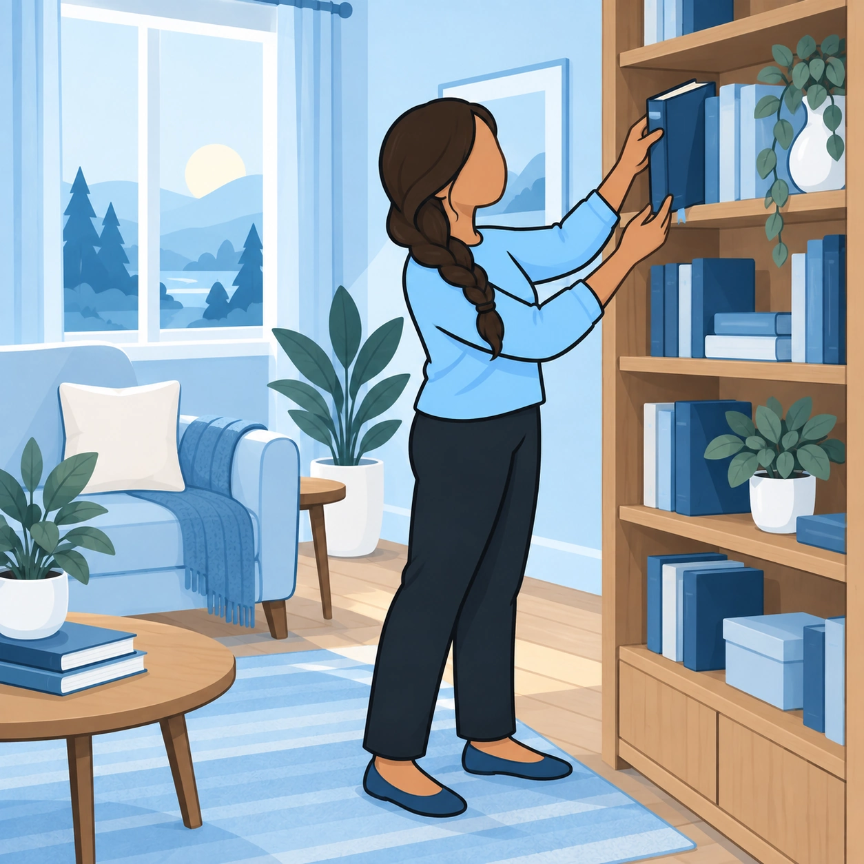 A woman with a long braid takes her Bible down from a living-room shelf.