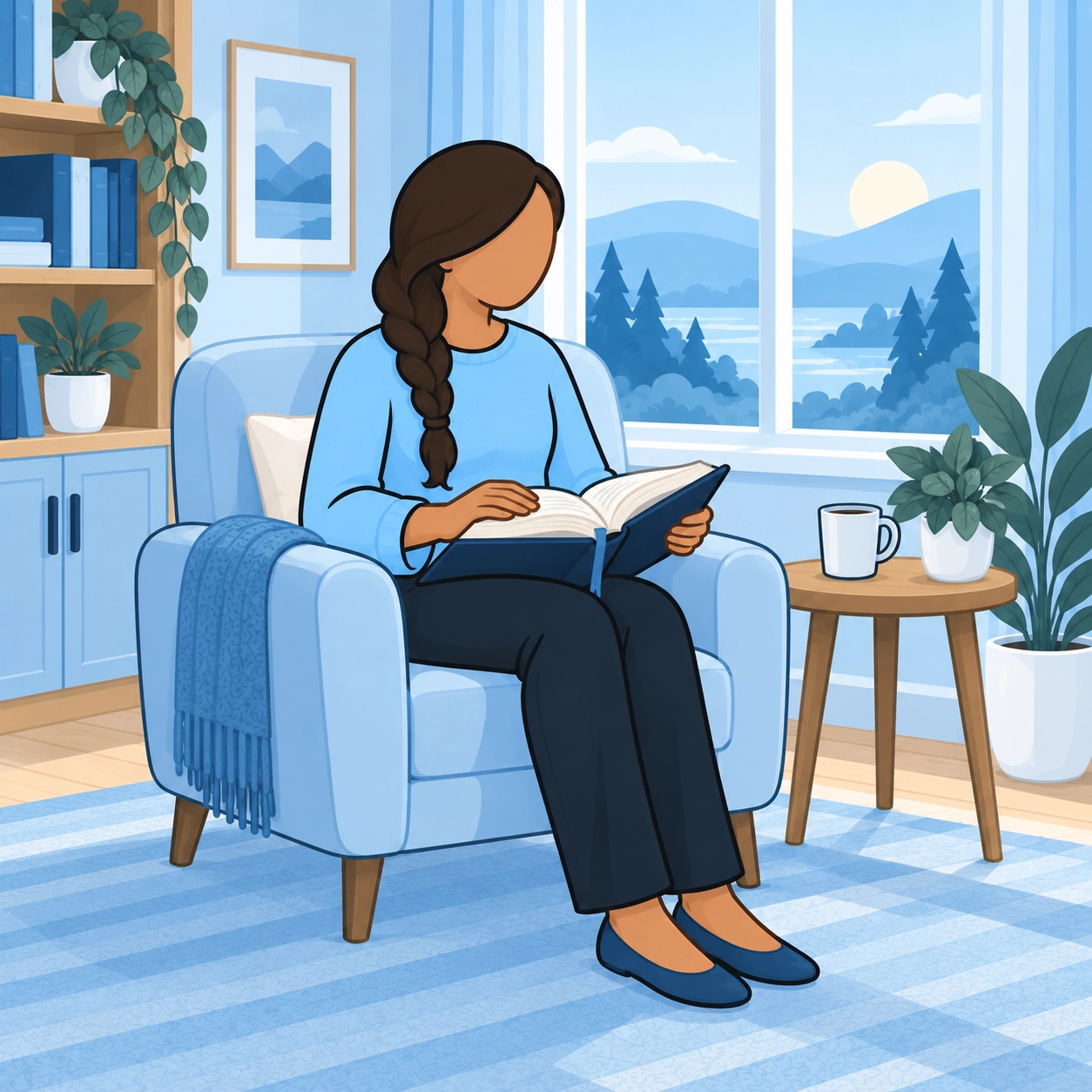 The woman opens her Bible while sitting in a bright blue reading nook.