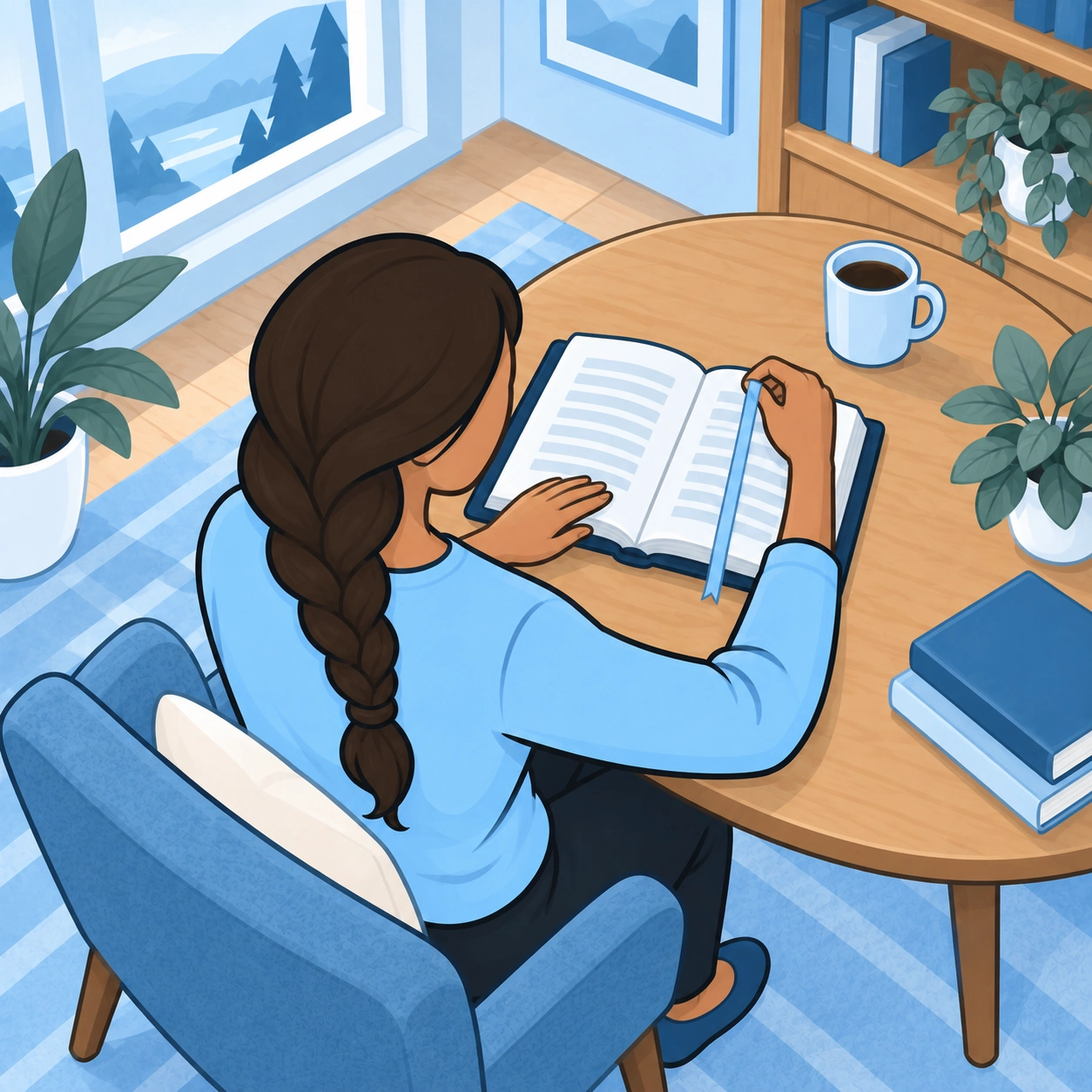 An overhead view shows the woman placing a blue ribbon bookmark in an open Bible passage.