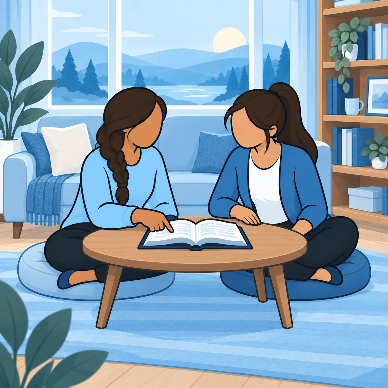 The woman reads an open Bible with a ponytailed friend while sitting on floor cushions.