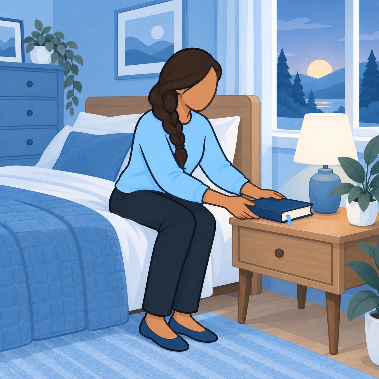 The woman places her closed Bible on an accessible bedside table.