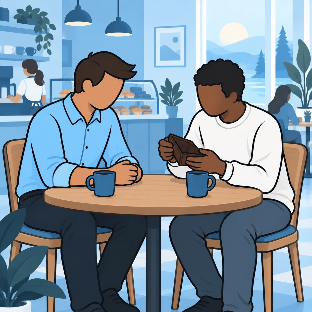 A man listens as his friend shows an empty wallet across a cafe table.