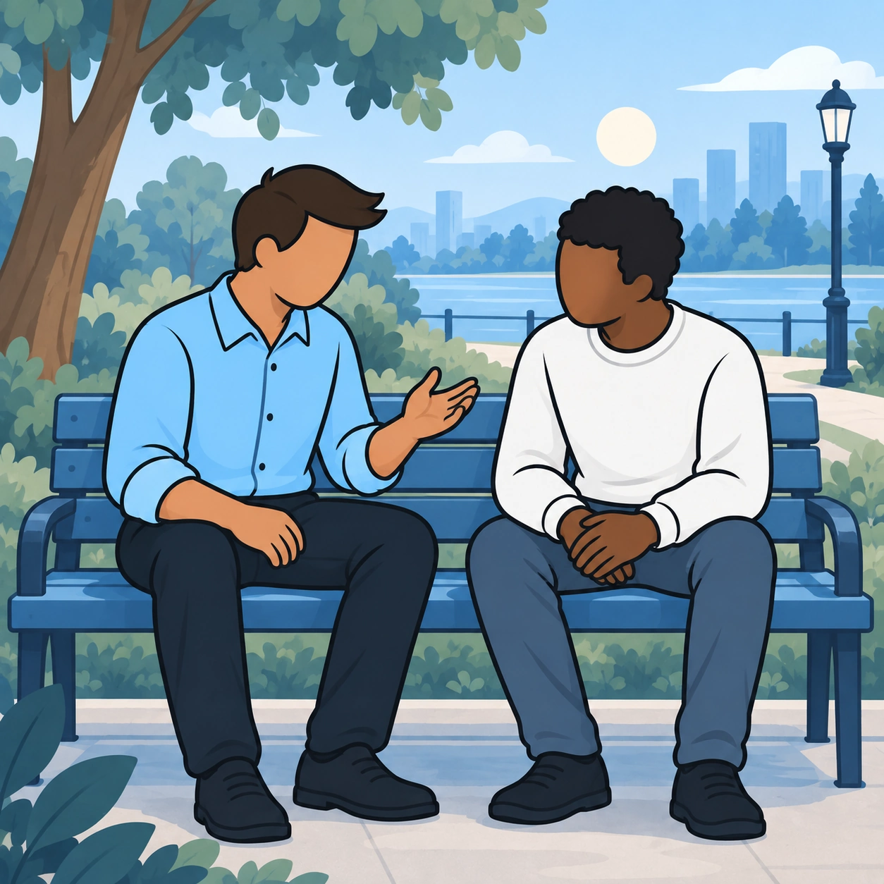 He sets a calm boundary while talking with his friend on a park bench.