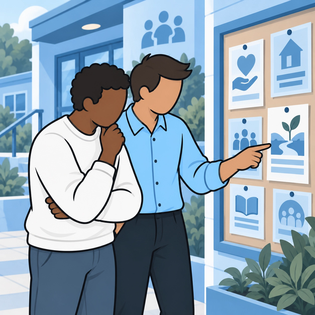 The two men explore a community resource noticeboard together.