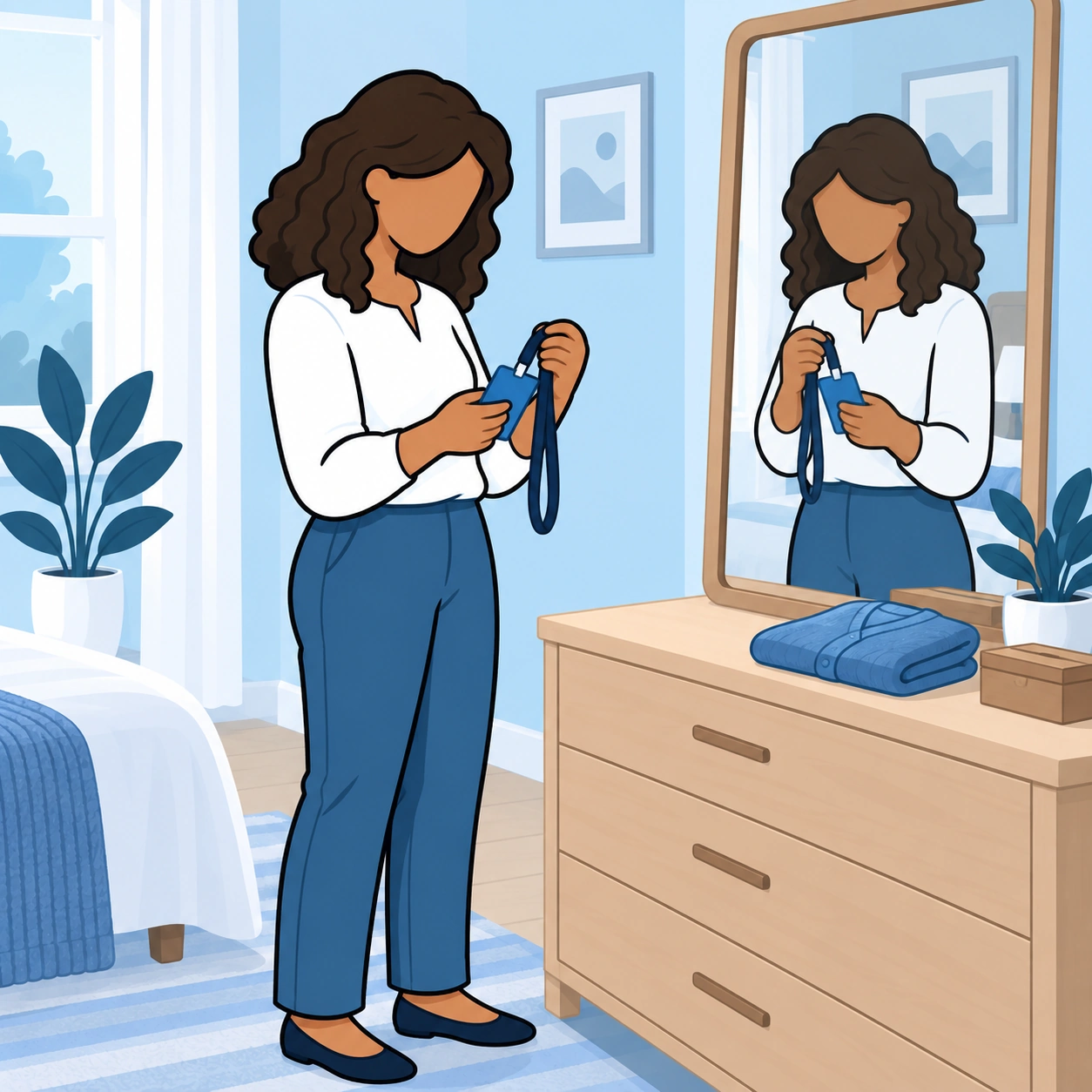 A woman considers her work badge beside a bedroom mirror.