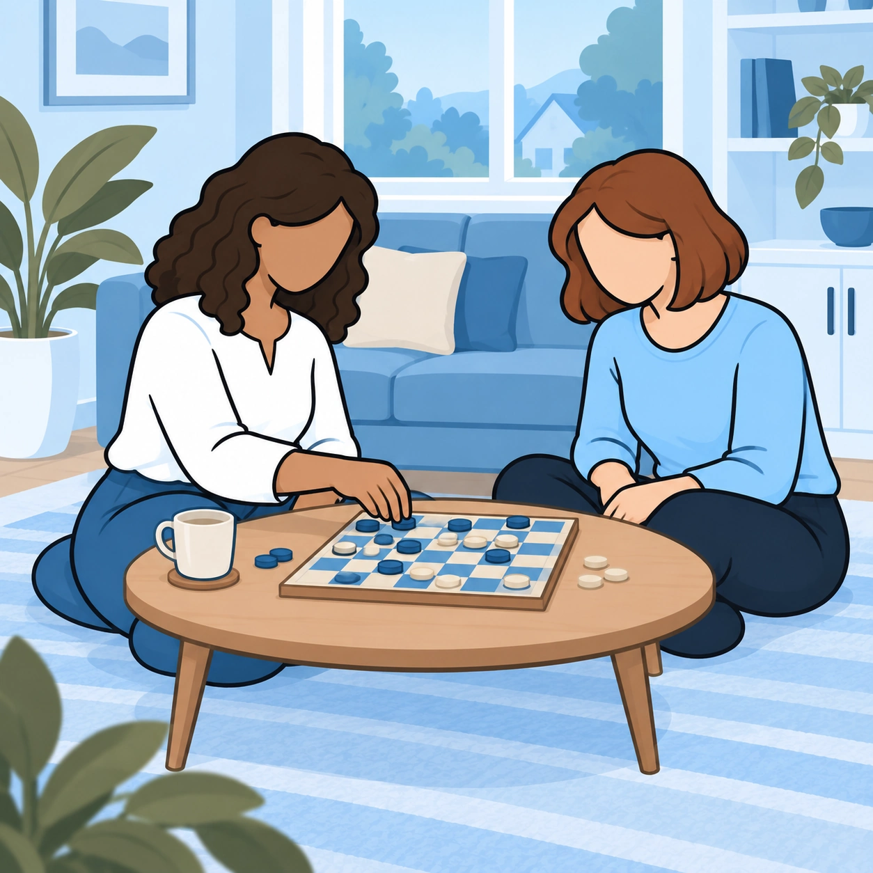 The woman enjoys a board game with a friend at home.