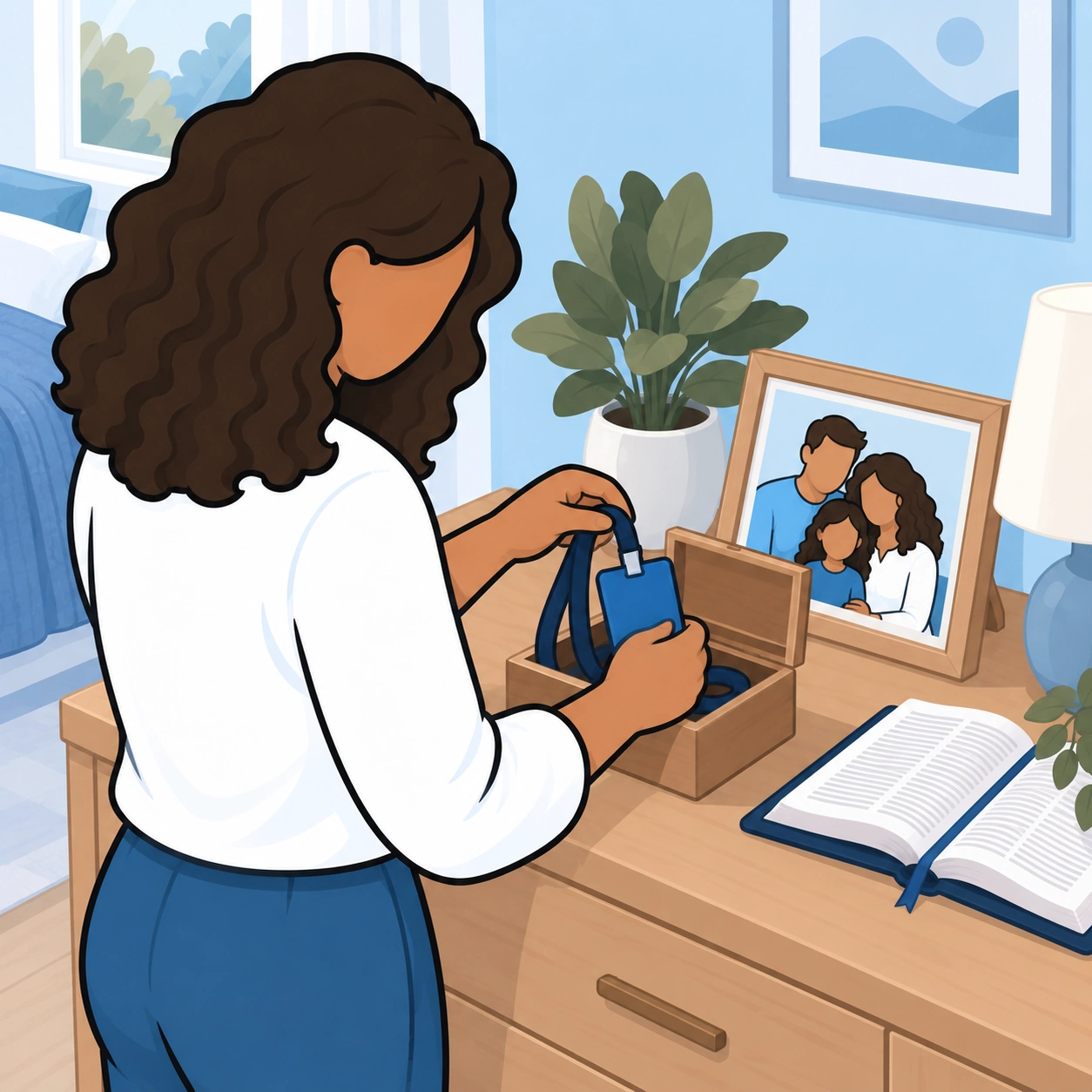The woman puts her work badge away beside a family photograph and an open Bible.
