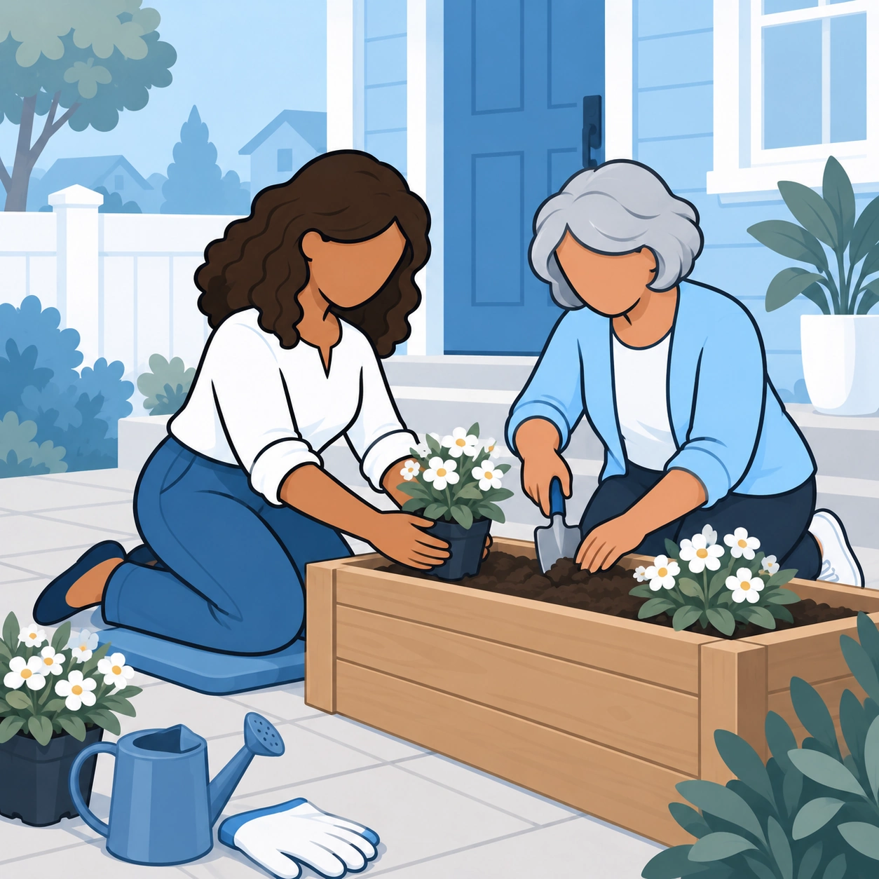 The woman helps an older neighbor tend white flowers in a raised planter.