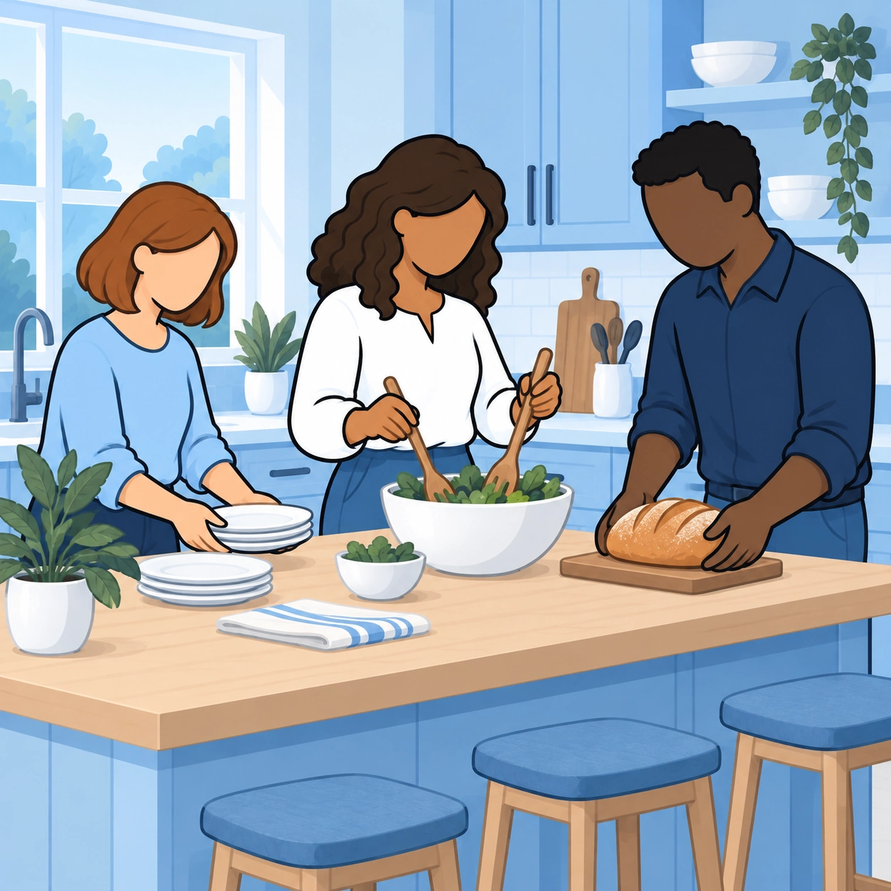 The woman prepares a meal with friends, enjoying relationships beyond her working role.