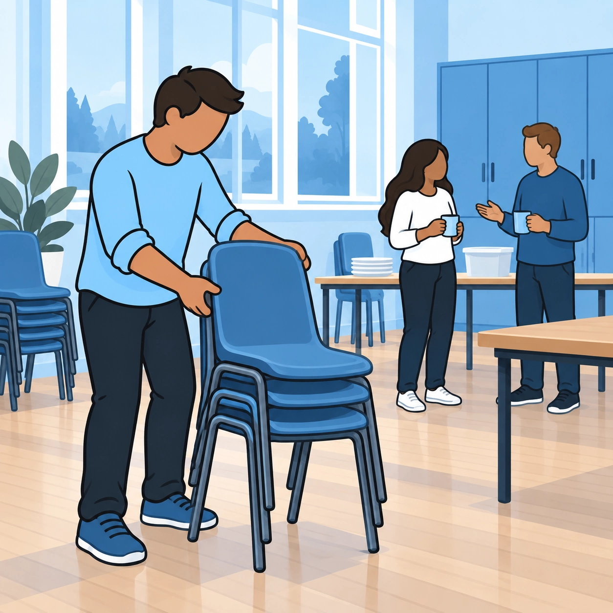 A man stacks chairs while other volunteers talk across a community hall.
