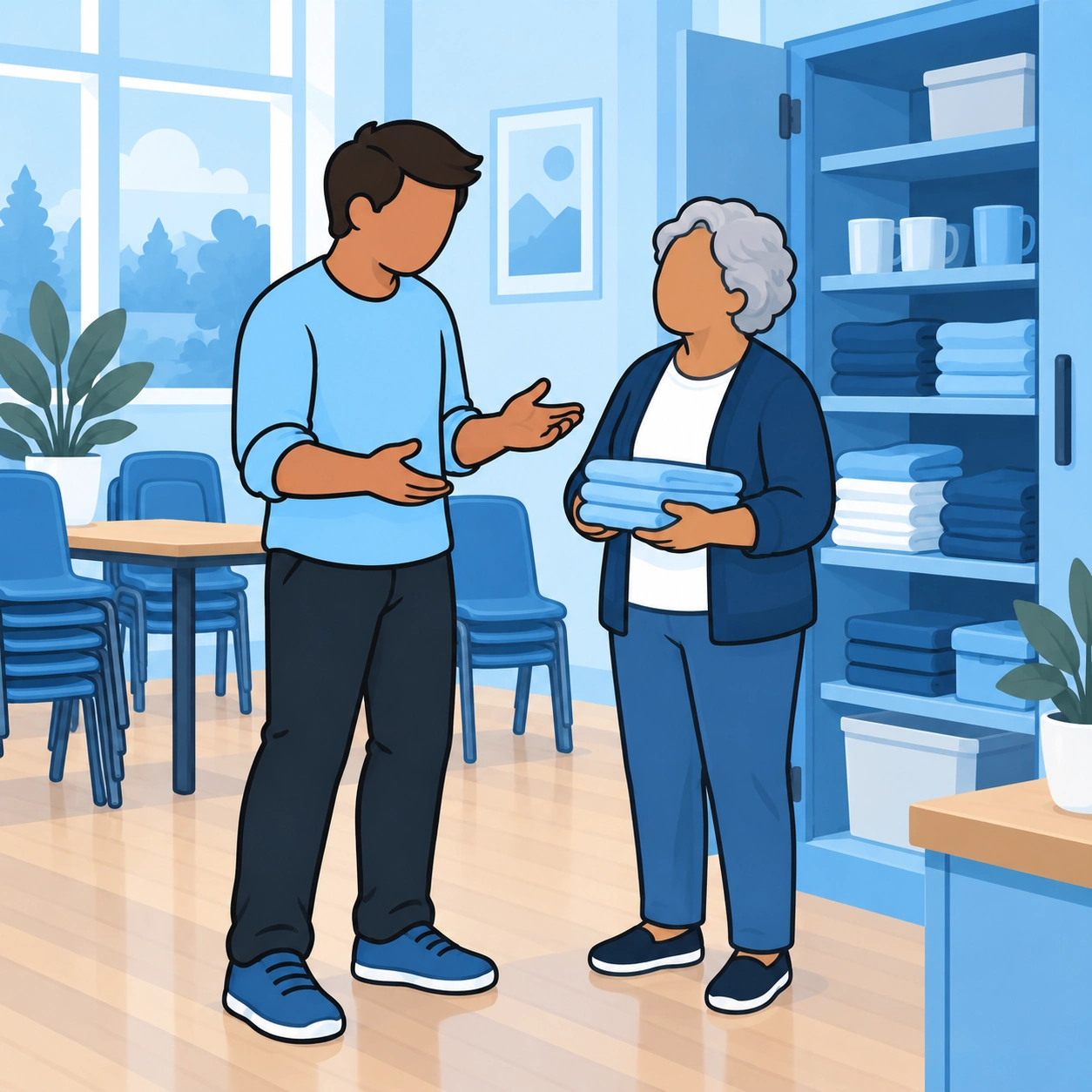 The man speaks with an older volunteer beside a supply cupboard.