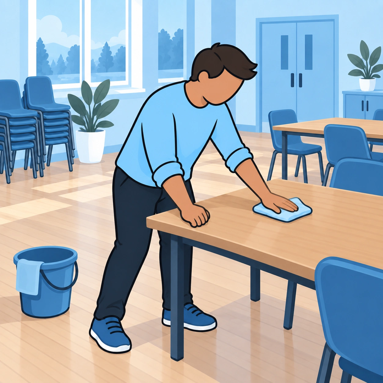 The man wipes a table in the hall.