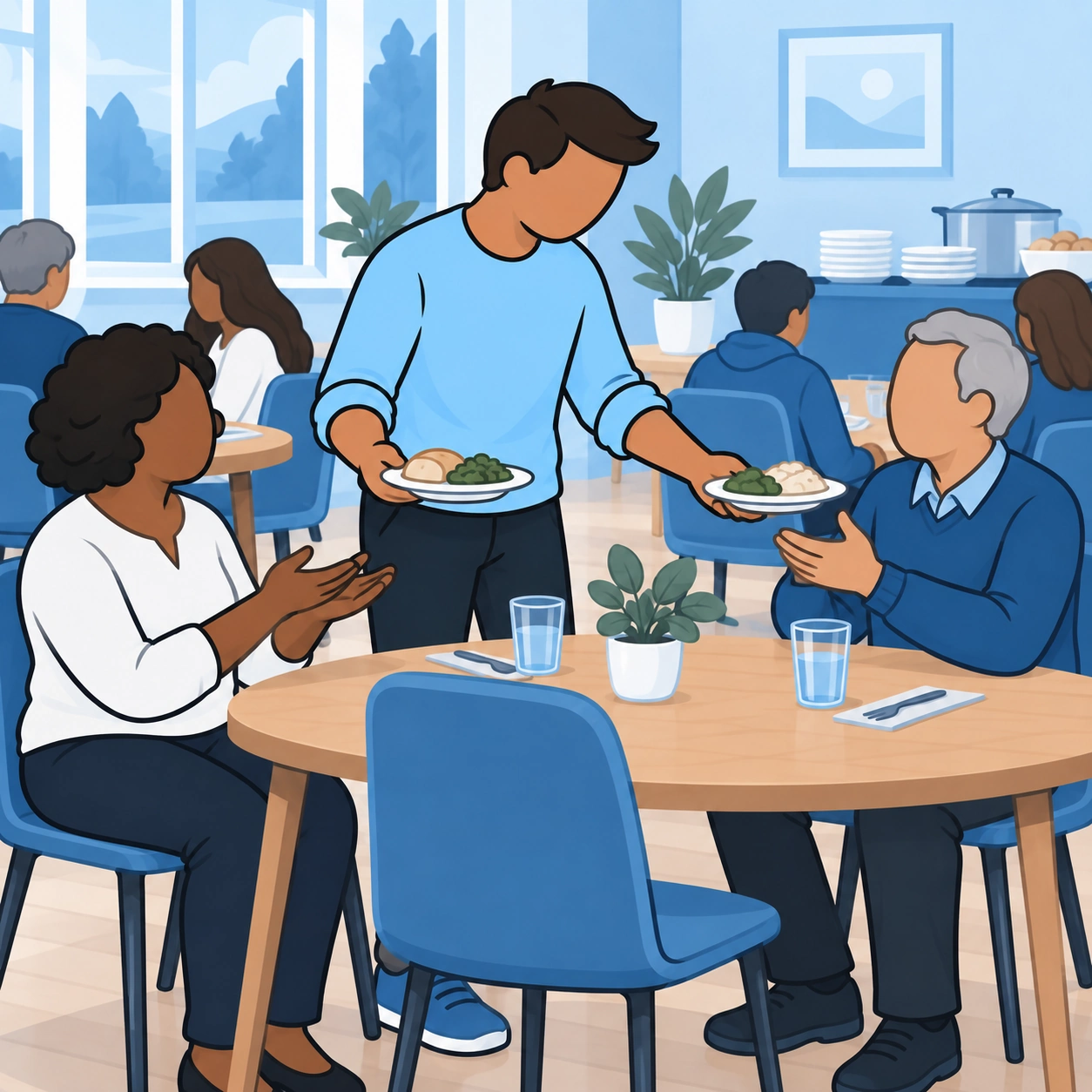 The man brings plates of food to two seated guests.