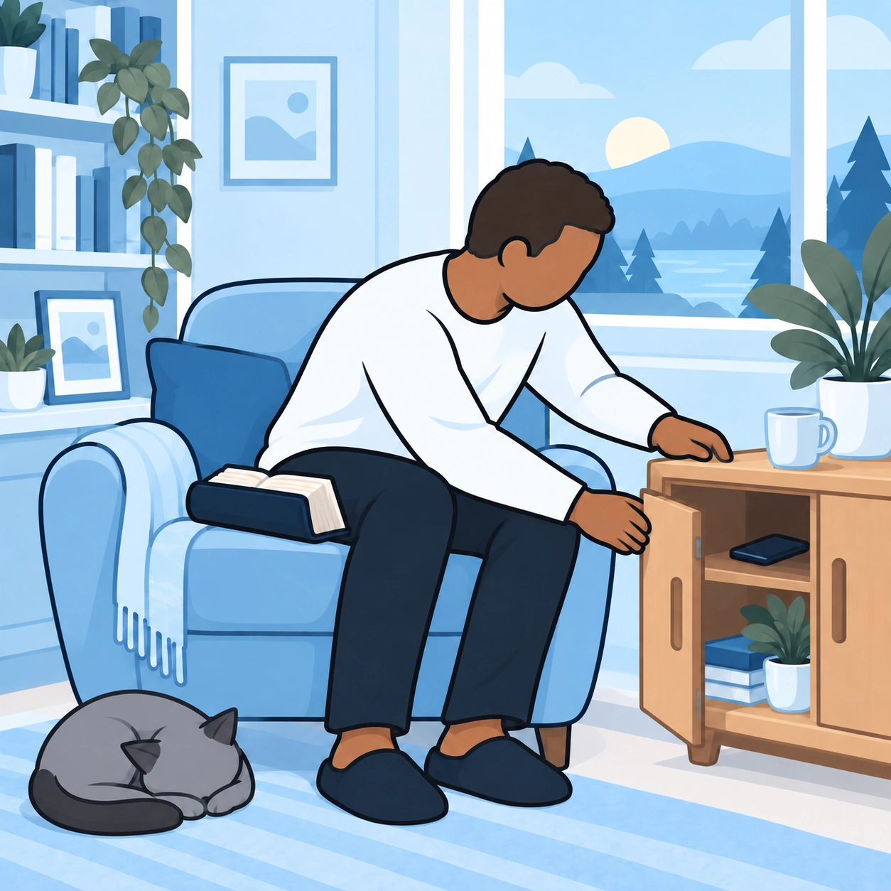 He leaves his phone inside the cabinet beside his reading chair.