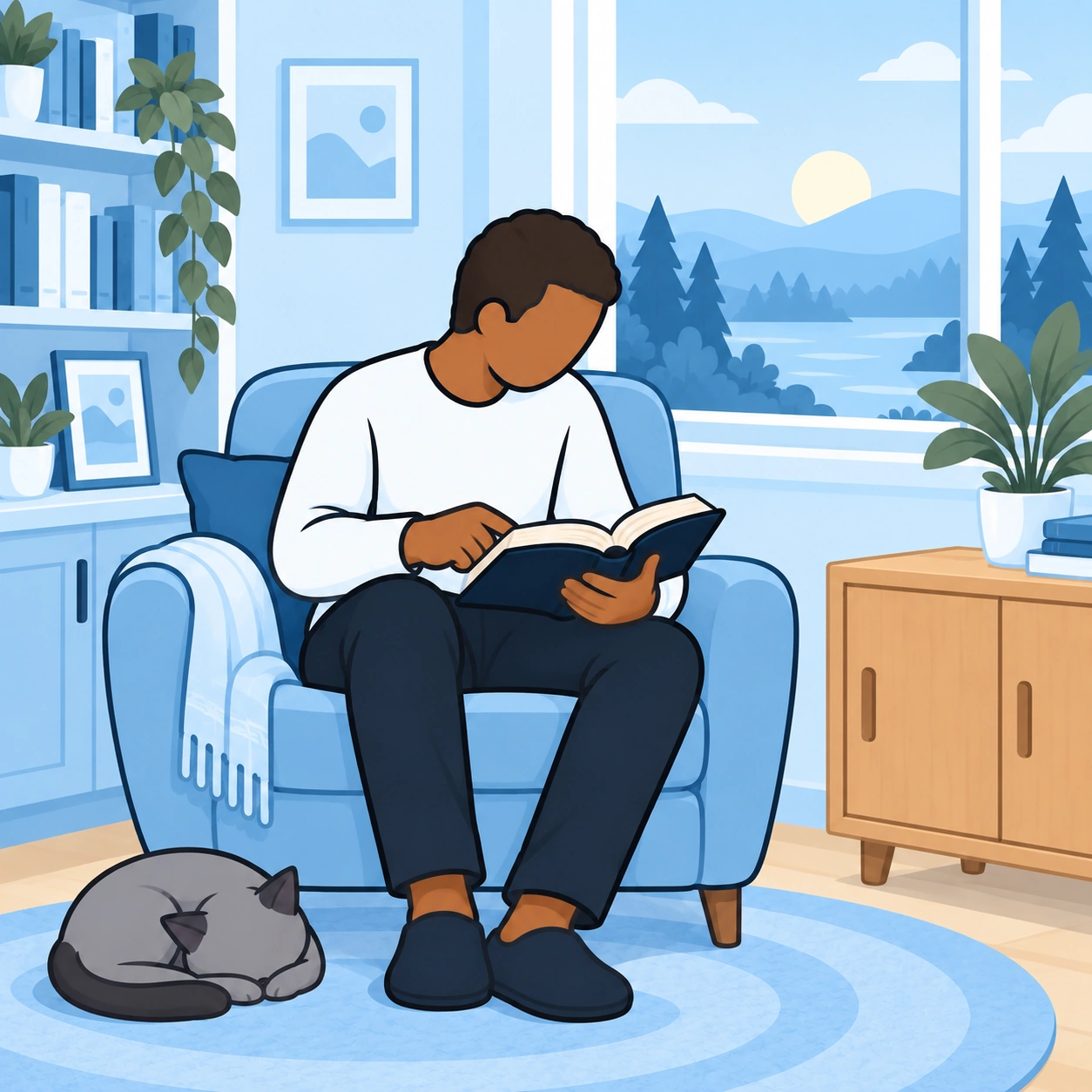 He reads the open Bible with his phone put away while his cat rests nearby.